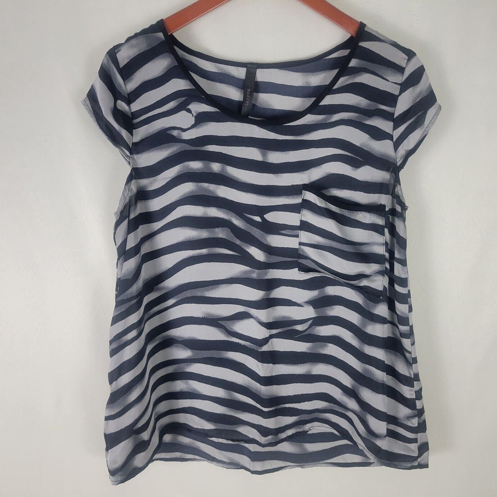 Audrey Shirt Womens Large Top Striped Pocket Short Sleeve Scoop Neck Polyester